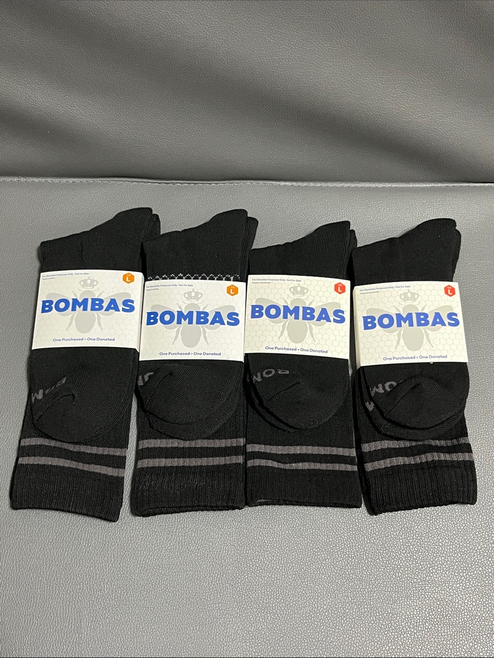Bombas 4 pack Black Crew Socks with Gray Stripes
